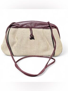 Vintage Two-Tone Linen & Brown Leather Frame Crossbody Bag